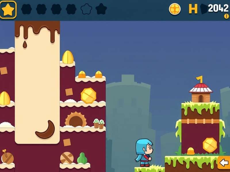 Pixel Choco Quest gameplay screenshot showing chocolate-themed levels
